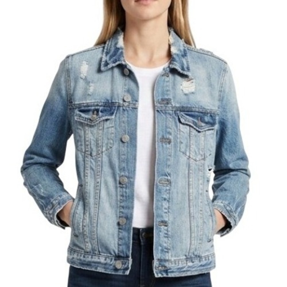 For The Republic Denim Jacket Womens Small Light Blue Distressed Studded Trucker